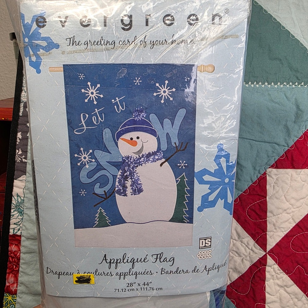 Evergreen Let It Snow Snowman Blue Sequins Applique Flag 28 x 44 House Size NOS